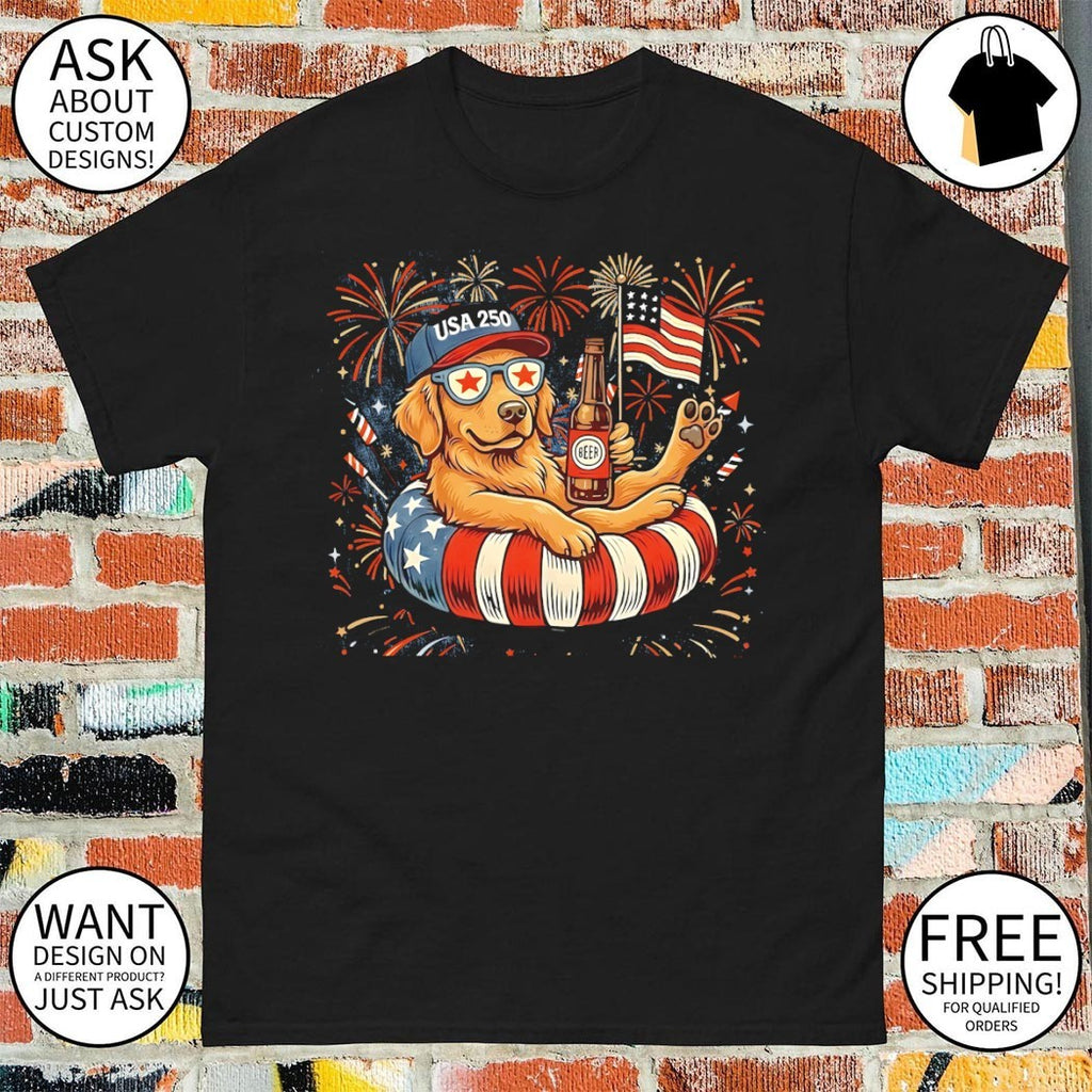 Golden Retriever dog holding beer USA 250 firework American flag 4th of July shirt