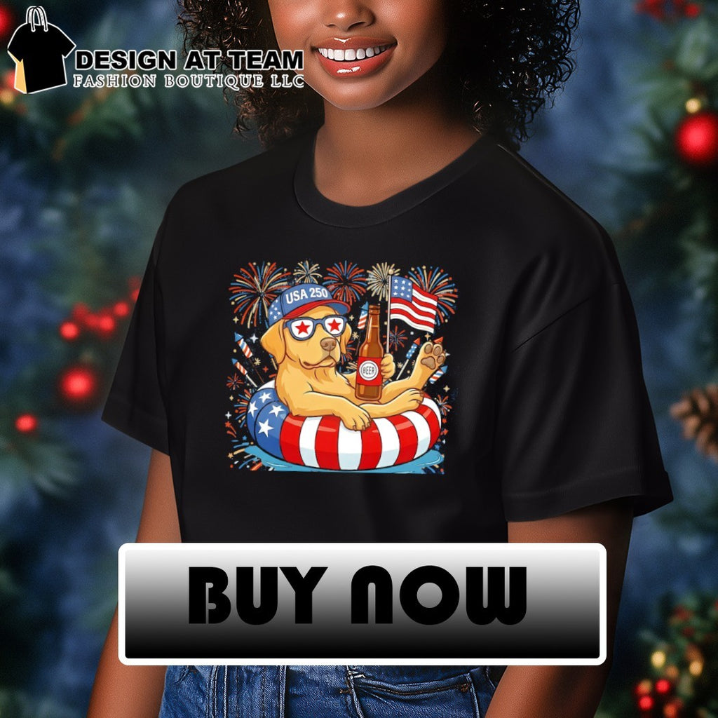 Golden Retriever dog holding beer USA 250 firework American flag 4th of July vintage shirt