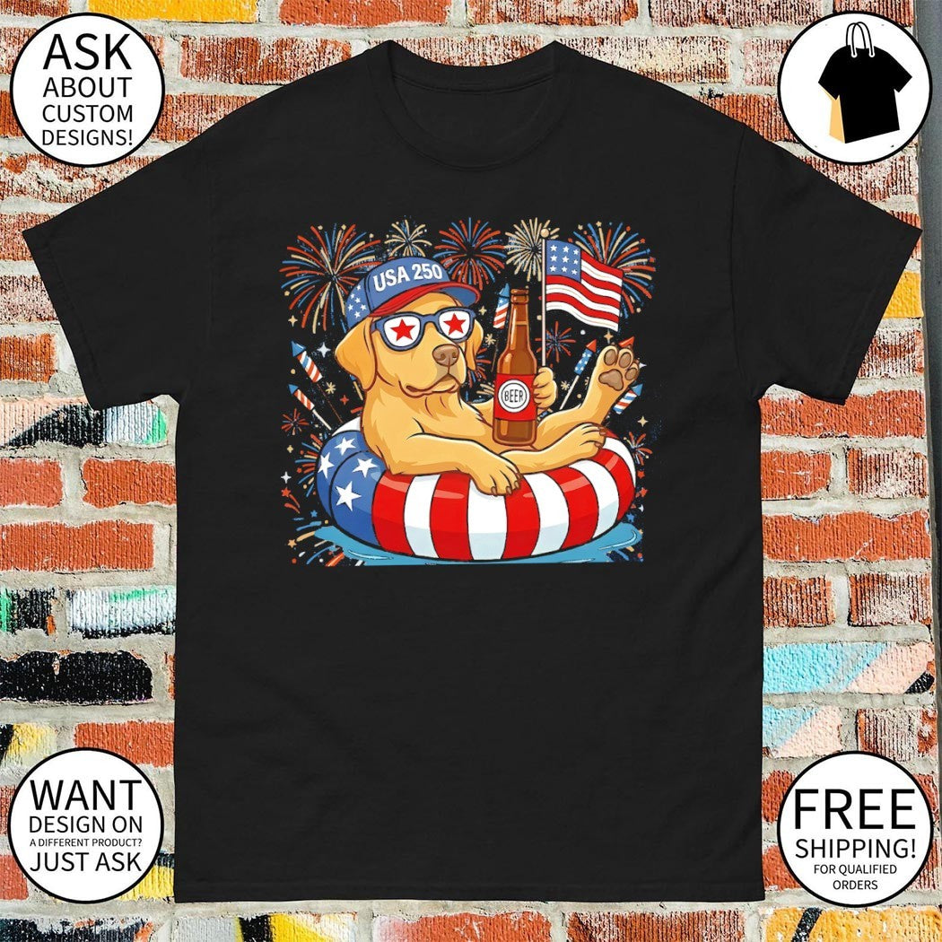 Golden Retriever dog holding beer USA 250 firework American flag 4th of July vintage shirt