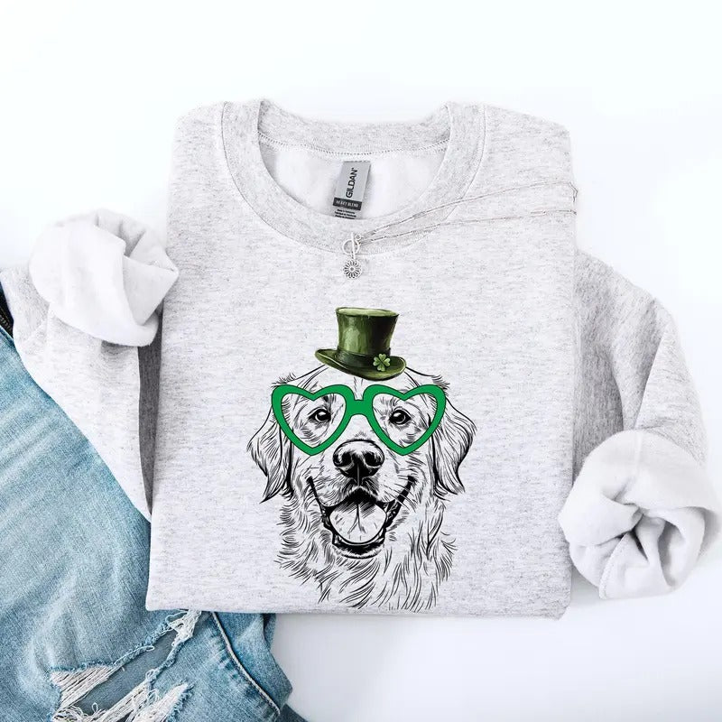Golden Retriever, Adorable Dog, St Patrick's Day, Lucky, Irish Sweatshirt, Crew Neck, Women's, Crewneck T-Shirts, Hoodie