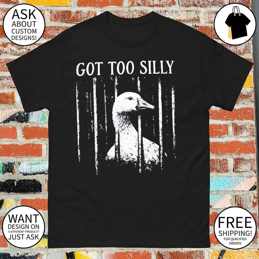 Goose behind bars imprisoned for its Got Too Silly antics on a comfortable shirt
