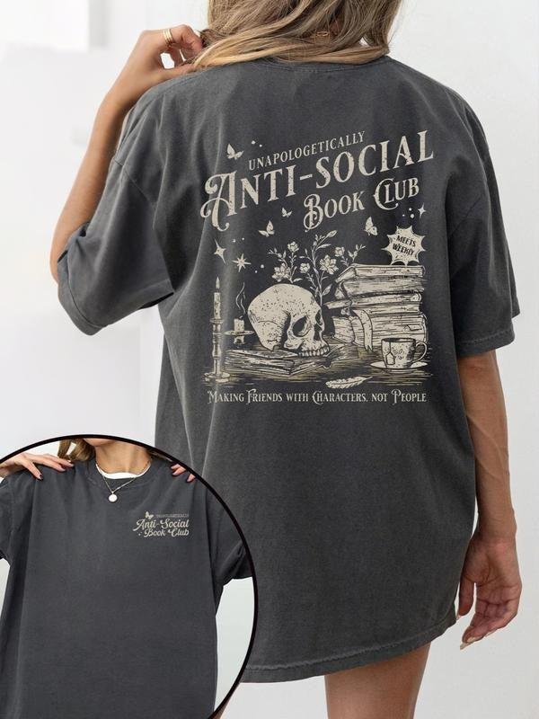 "Goth Anti-Social Book Club" printed T-shirt, a loose and casual T-shirt with literary slogans, the perfect gift for book...