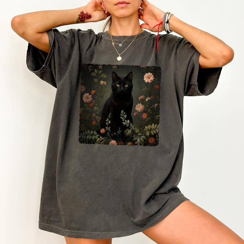 Gothic Cat Comfort Colors Shirt, Black Cat Tee, Vintage Floral Cat Mom T-shirt, Animal Lover Clothing Hoodie Sweatshirt