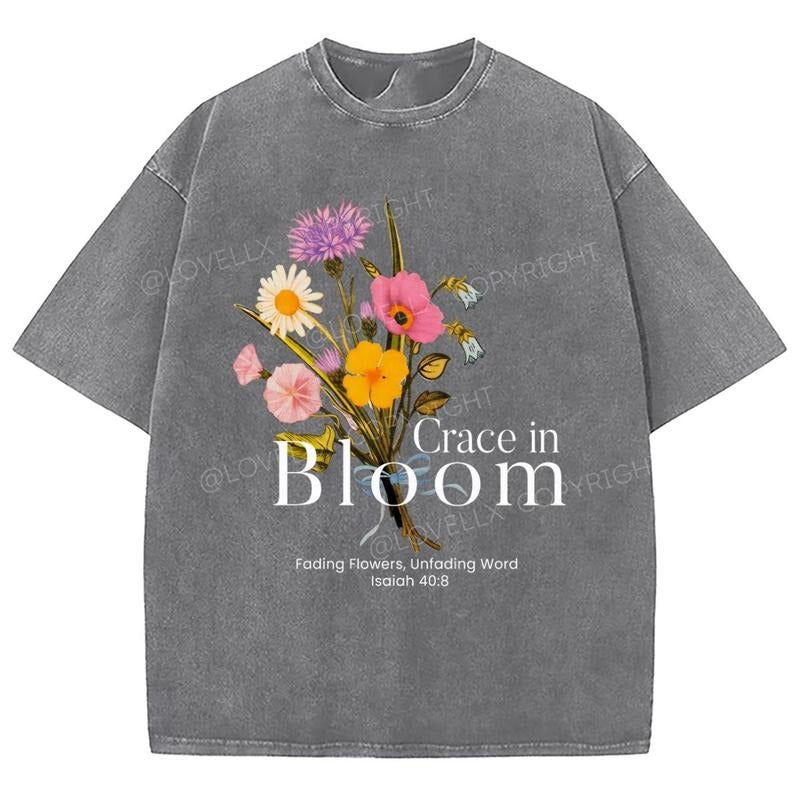 Grace In Bloom Unixes Washed T-Shirt, Christian Jesus  t shirts, Vintage 90s Graphic Tee Gift Cotton Top, Mineral color...