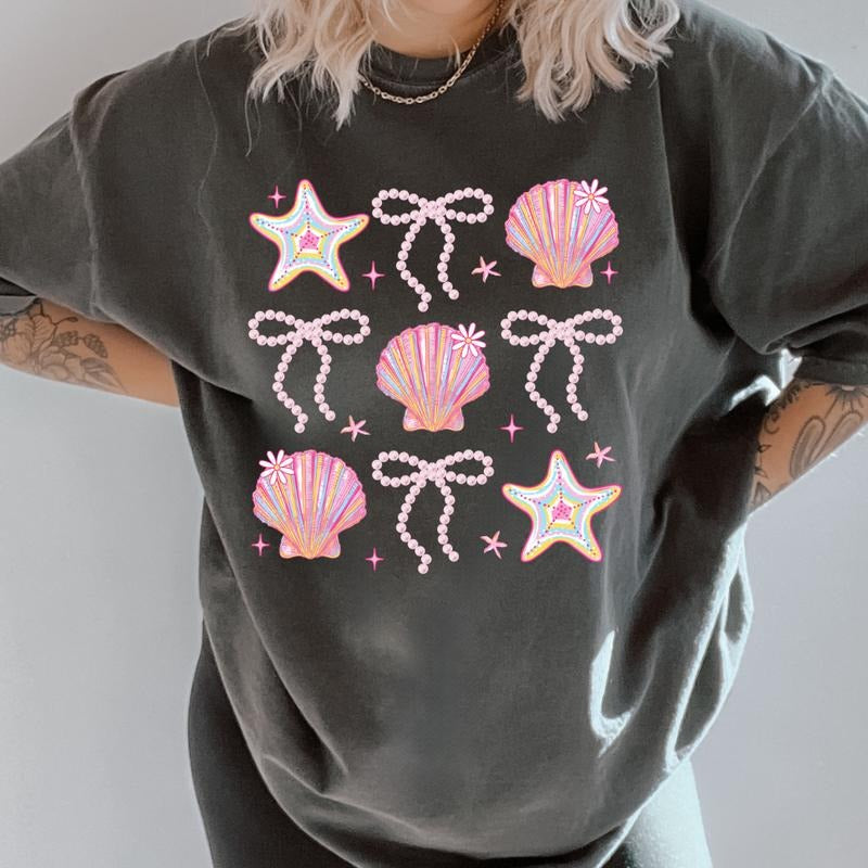 Graphic Beach Doodles T-shirt, Casual Oversized Cotton Shirt for the Beach Comfort Fabric Top Womenswear Unisex Women...