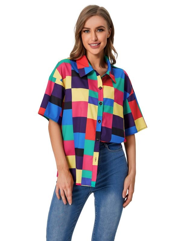 Graphic Color Block Button Down Shirts Short Sleeve 80s Blouse Top Hoodie, Sweatshirt | PrintMintTees.com