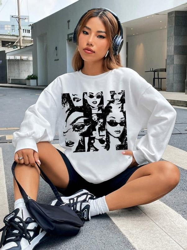Graphic Figure Print Sweatshirt Long Sleeve Drop Shoulder Oversized Pullover Top T-Shirts, Hoodie | PrintMintTees.com