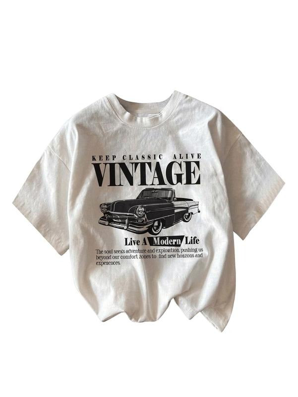 Graphic Letter Tee Crew Neck Drop Shoulder Trendy Summer T Shirt Short Sleeve Vintage Car Print Top Hoodie, Sweatshirt