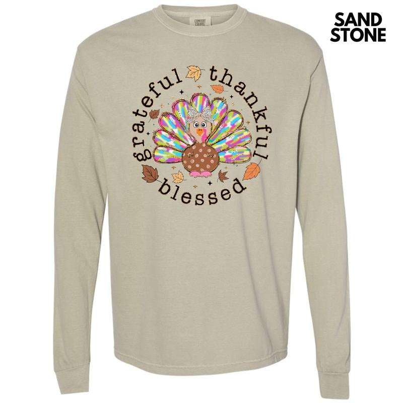 Grateful Thankful Blessed Turkey Long Sleeve Comfort Colors T-Shirt 'NLB' Hoodie, Sweatshirt | PrintMintTees.com