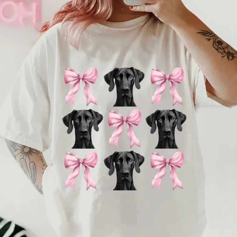 Great Dane with bows Shirt ~ Unisex Apparel Relaxed Fit Printed In The USA Clothing Womenswear Casual Comfort Cotton Top...