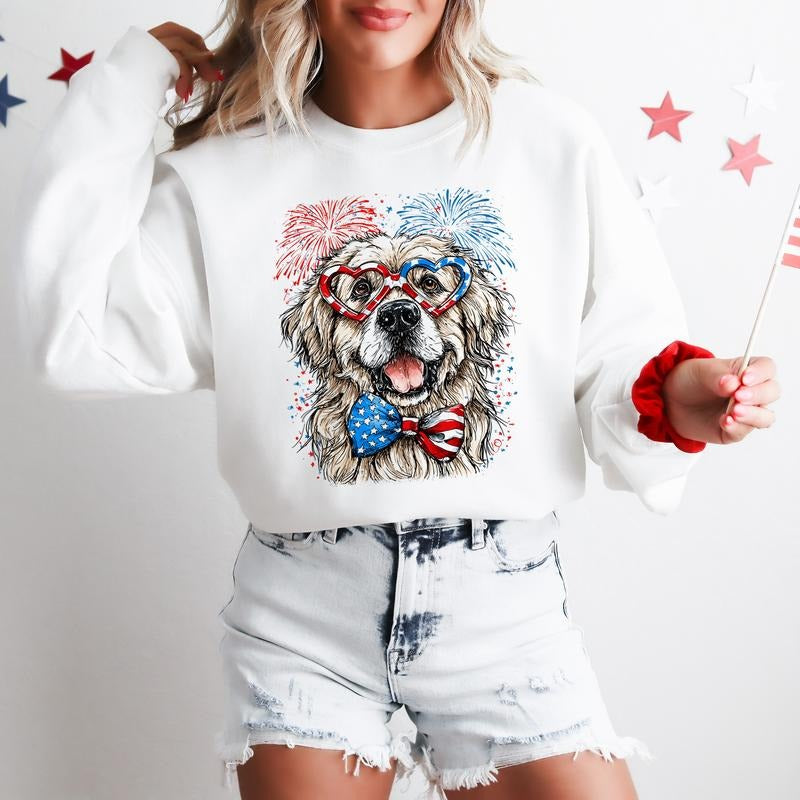 Great Pyrenees Patriotic Dog, USA, America, Pet Lover, 4th of July Sweatshirt, Crew Neck, Women's, Crewneck Shirt Hoodie