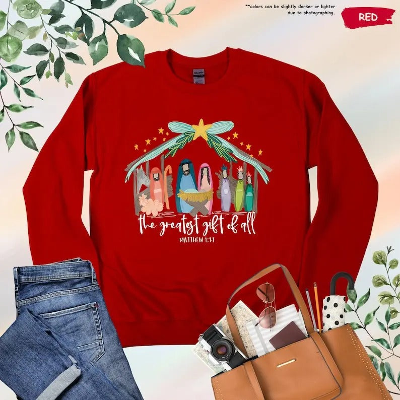 Greatest Gift Of All, Jesus Christmas Christian Sweatshirt, Women Christmas Gift, Bible Verse Xmas,Nativity Xmas,Jesus...