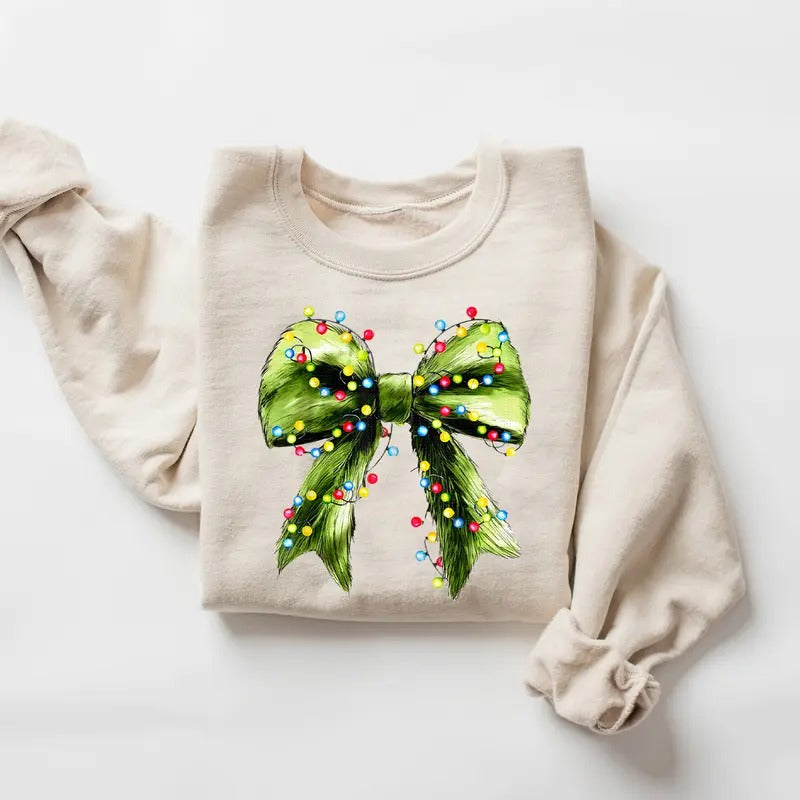 Green Coquette Bow Christmas Sweatshirt, Christmas Green Bow Sweater, Christmas Lights Shirt, Christmas Xmas Pajamas...