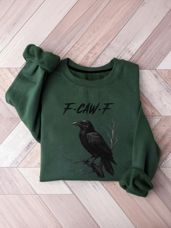 Green Oversized Women's Sweatshirt - Dark Gothic "F-CAW-F" Raven Bird Graphic Casual Crewneck Shirt Hoodie
