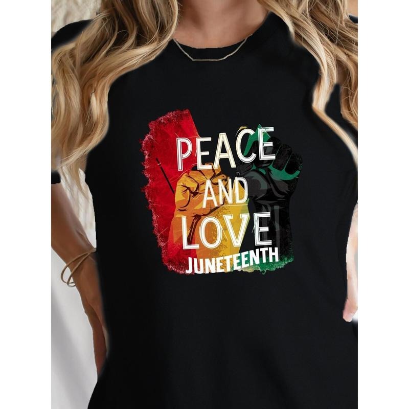 Women'S Juneteenth Graphic Print Crew Neck T-Shirt - Black Casual Short Sleeve Top with Peace & Love Design, Raised Fist...