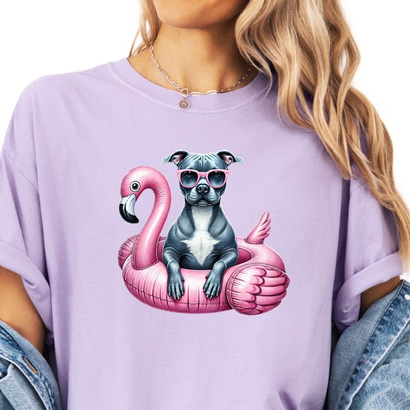 Grey Pitbull Flamingo Float Dog Shirt ~ Unisex Apparel Relaxed Fit Printed In The USA Clothing Womenswear Casual Comfort...