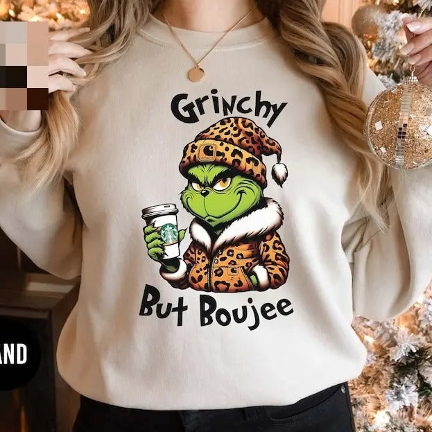 Griinchy but Boujee Christmas Sweatshirt, Trendy Bougie Holiday Sweater, Funny Christmas Gifts for Her, Leopard Print ,...