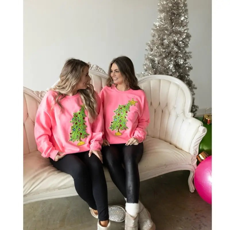 Grinchyyy Tree Chenille Patch Sweatshirt | Holiday Christmas Sweatshirt Shirt Hoodie | PrintMintTees.com