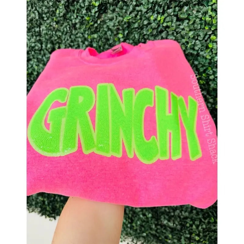 Grinchyyyy Sequin Patch Sweatshirt | Holiday Christmas Sweatshirt Shirt Hoodie | PrintMintTees.com
