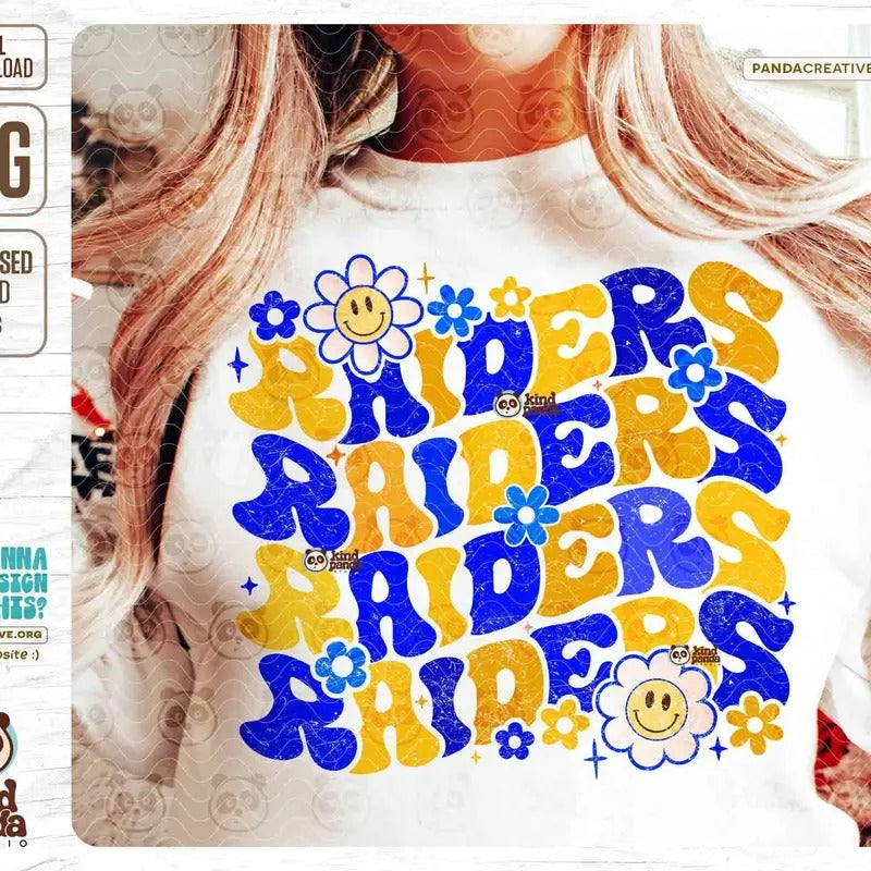 Groovy Raiders Png Blue Yellow Floral Mascot Sublimation Distressed Game Day Shirt Png Retro High School Football Png...