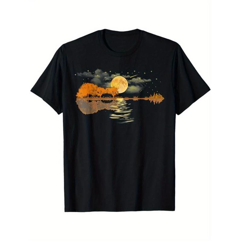 Guitar Print Men's Cotton Graphic T-shirt, Casual Short Sleeve Crew Neck T-shirt, Men's Tee For Outdoor Made in...