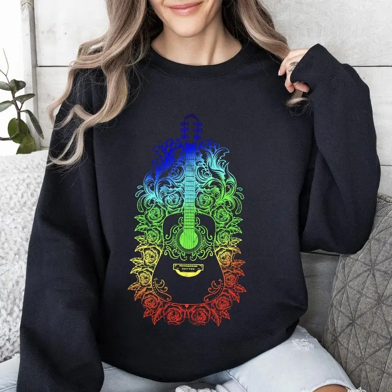 Guitar With Roses, Colorful Sweatshirt Shirt Hoodie | PrintMintTees.com