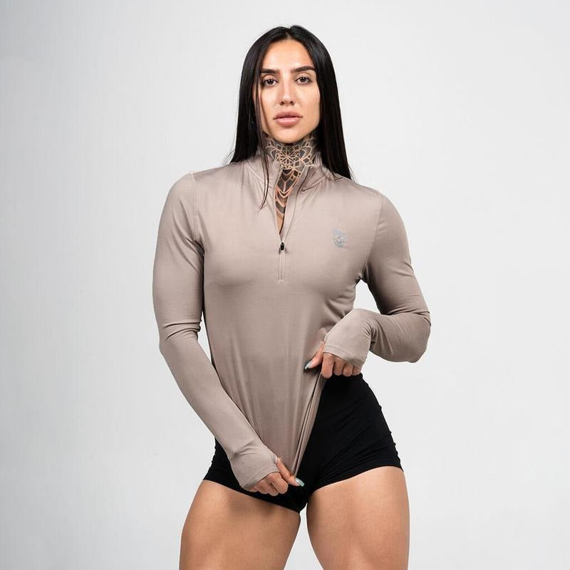 Gymreapers Women's Performance Quarter Zip Shirt - Taupe, Moisture-Wicking, Reflective Logos, Summer Hoodie Sweatshirt