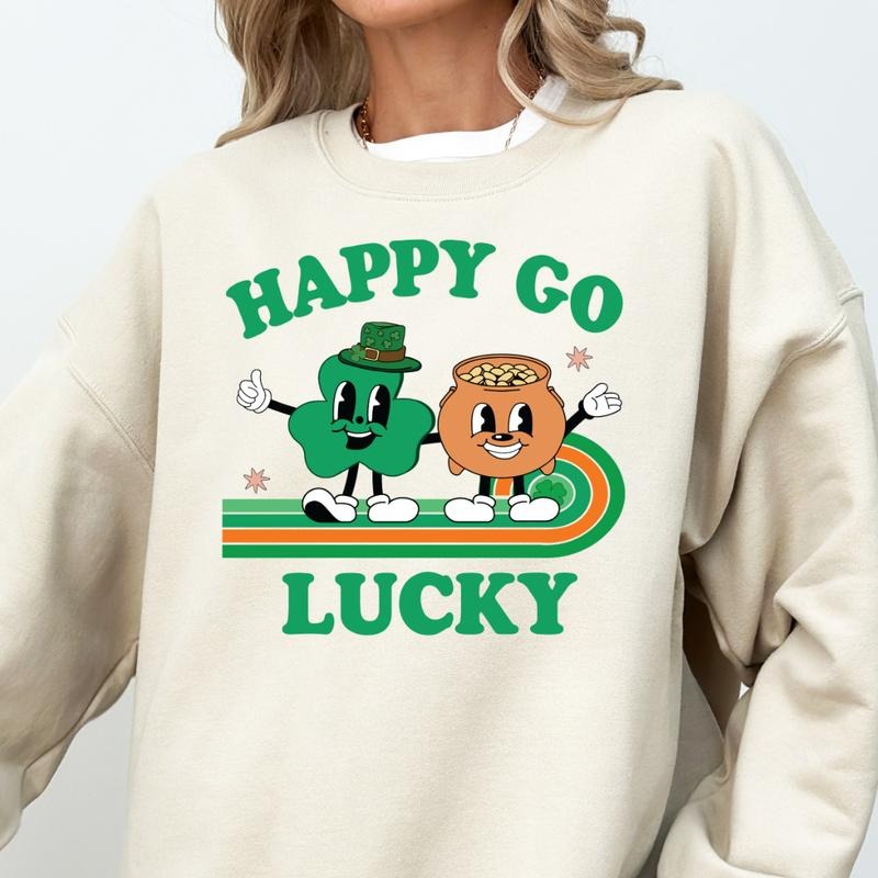 HAPPY GO LUCKY SWEATSHIRT (UNISEX, CASUAL COTTON SWEATSHIRT, HOLIDAY ST. PATRICKS DAY) Womenswear Hoodie Shirt