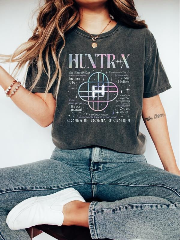 HUNTRIX Kpop Holographic Lyric Vintage Tee - Women's Oversized Graphic T-Shirt, Retro Streetwear Fan Merch Hoodie Sweatshirt