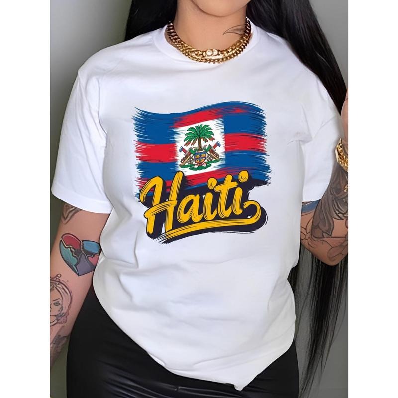 Haiti Patterned Women'S T-Shirt, Casual Round Neck, Short Sleeves for Spring And Summer. style 02 Hoodie Sweatshirt