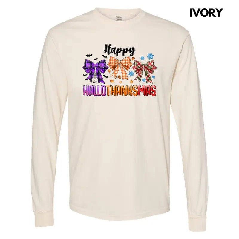 HalloThanksMas Bows Long Sleeve Comfort Colors T-Shirt 'NLB' Hoodie Sweatshirt | PrintMintTees.com
