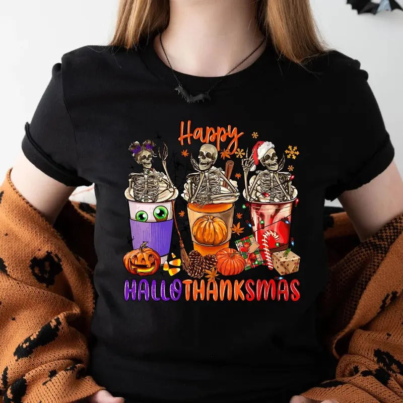 Hallothanksmas Skeletons Coffee Cup Shirthappy Hallothanksmasholiday Season Giftchristmas Partyhalloween...