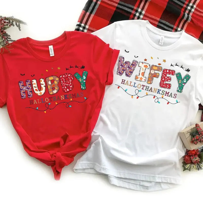 Hallothanksmas Wifey Hubby Halloween Thanksgiving Shirt Season Fall Shirt Family Matching T-Shirts, Hoodie, Sweatshirt