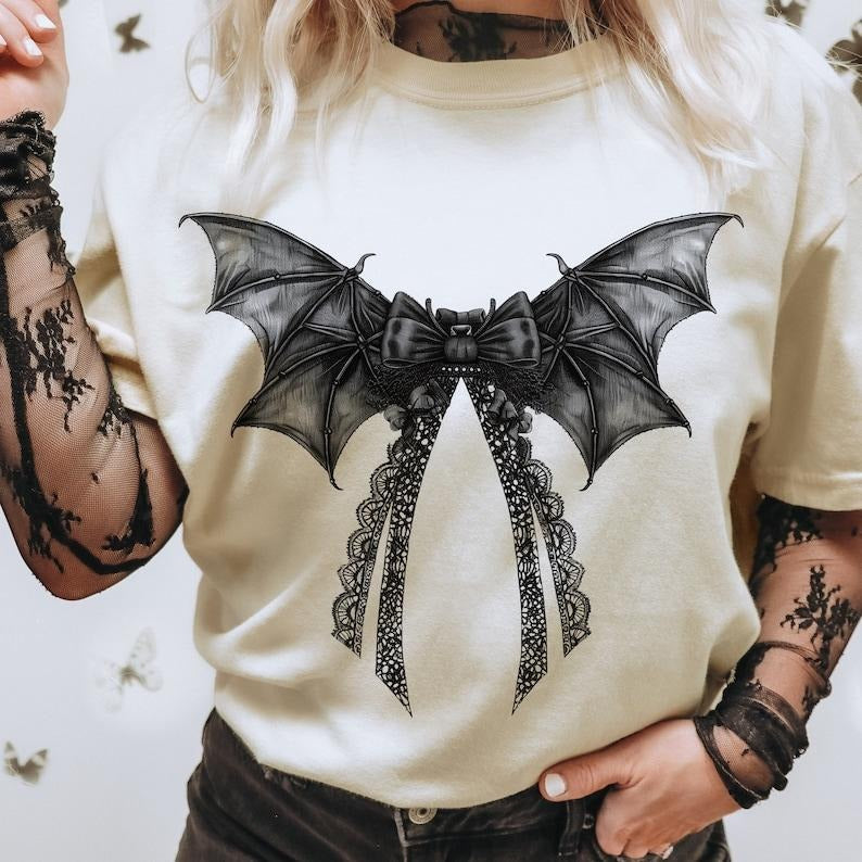 Halloween Bat Gothic Coquette bow Shirt, retro halloween Shirt, trending Shirt, Gothic Shirt, black bow Shirt, soft girl...