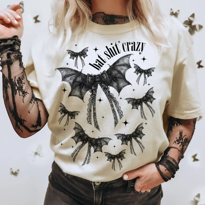 Halloween Bat shit crazy Gothic Coquette bow Shirt, retro halloween Shirt, trending Shirt, Gothic Shirt, black bow Shirt,...