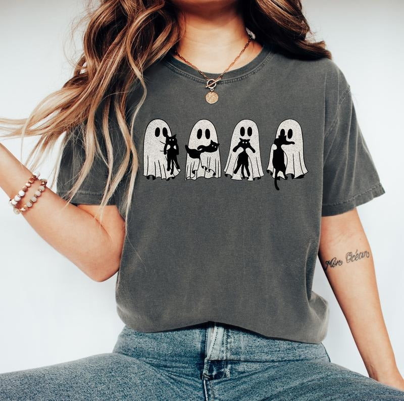 Halloween Black Cat & Ghost Comfort Colors Shirt, Halloween Ghost Tshirt, Spooky Season Cat Tee, Halloween Cute Women...