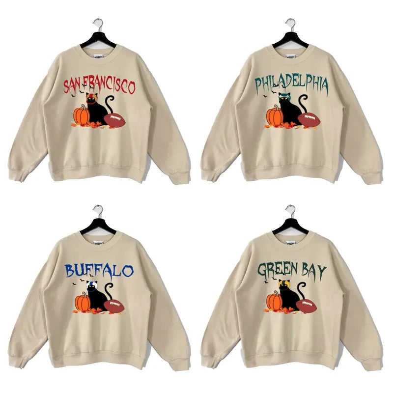 Halloween Black Cat Football Sweatshirt Color Sand, Football Sweatshirt Shirt Hoodie | PrintMintTees.com