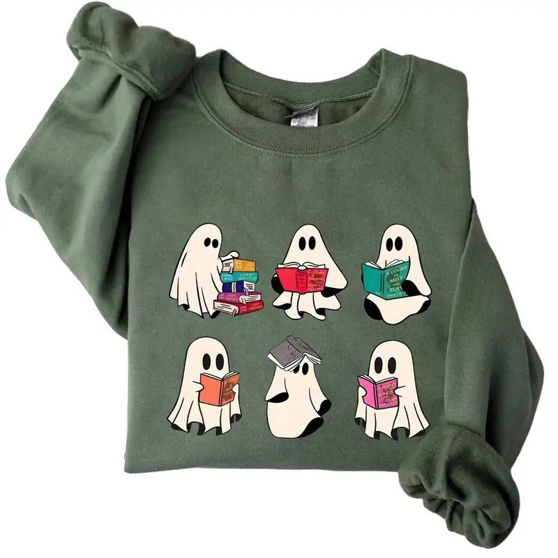 Halloween Bookish Ghost Crewneck Sweatshirt Hoodie Tshirt, Halloween 2024 Gifts | PrintMintTees.com