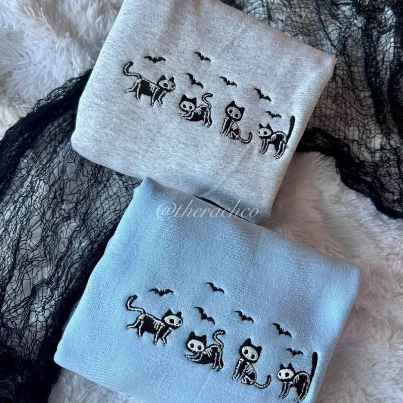 Halloween Cat Sweatshirt, Embroidered Halloween Sweatshirt, Cat Halloween Crewneck Shirt Hoodie | PrintMintTees.com