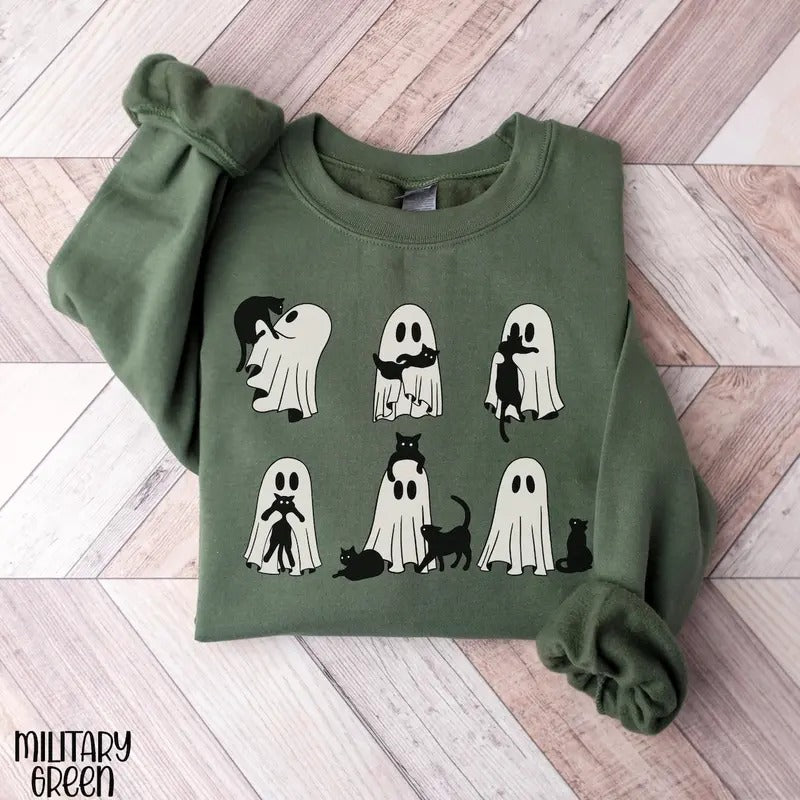 Halloween Cat Sweatshirt, Ghost Cat Crewneck, Sweatshirt for Cat Lover, Spooky Season Shirt, Ghost Sweatshirt for...