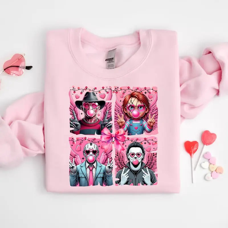 Halloween Characters Valentine Sweatshirt, Trendy Valentine Halloween Themed T-Shirt, Valentine Tee Shirt, Funny...