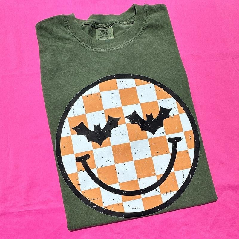 Halloween Checkered Happy Face Comfort Colors T-Shirt Hoodie, Sweatshirt | PrintMintTees.com