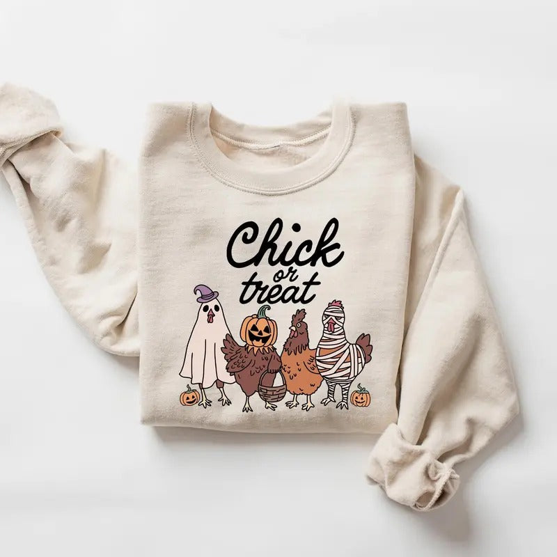 Halloween Chick or Treat Sweatshirt, Halloween Chicken Sweatshirt, Halloween Funny Chicken Shirt, Ghost Chicken Shirt,...