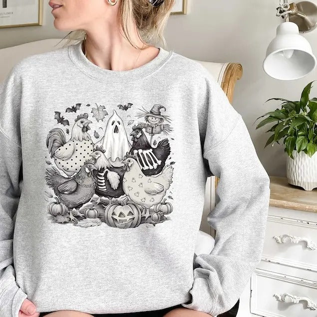 Halloween Chicken Sweatshirt, Halloween Chicken T-Shirt, Chicken Lover Gift, Funny Chicken Shirt, Ghost Chickens Tee,...