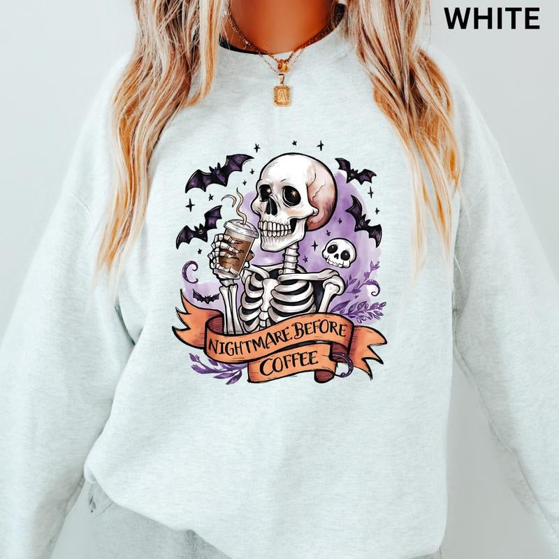 Halloween Coffee Crewneck, Nightmare before Coffee Sweatshirt, Oversized Halloween Graphic Crewneck, Cotton Pullover...