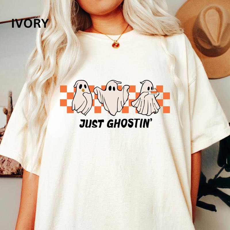 Halloween Comfort Colors Shirt, Retro Checkered Just Ghostin Shirt, Funny Ghost shirt, Comfort Colors Halloween Shirt,...