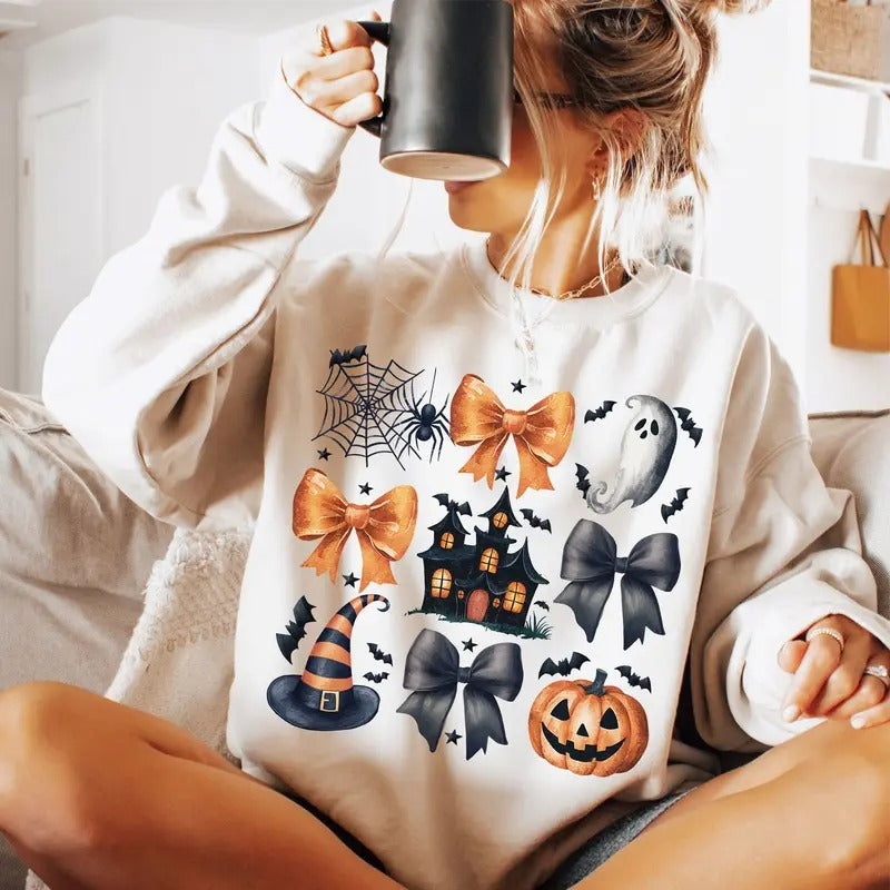 Halloween Coquette Sweatshirt, Halloween Pumpkin with bows cute Shirt, Halloween Spooky Season, Cotton Crew Neck Shirt,...