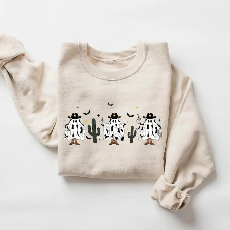 Halloween Cow Sweatshirt, Halloween Sweatshirt, Western Sweatshirt, Halloween Cowboy Shirt Cotton Sweaters Hoodie