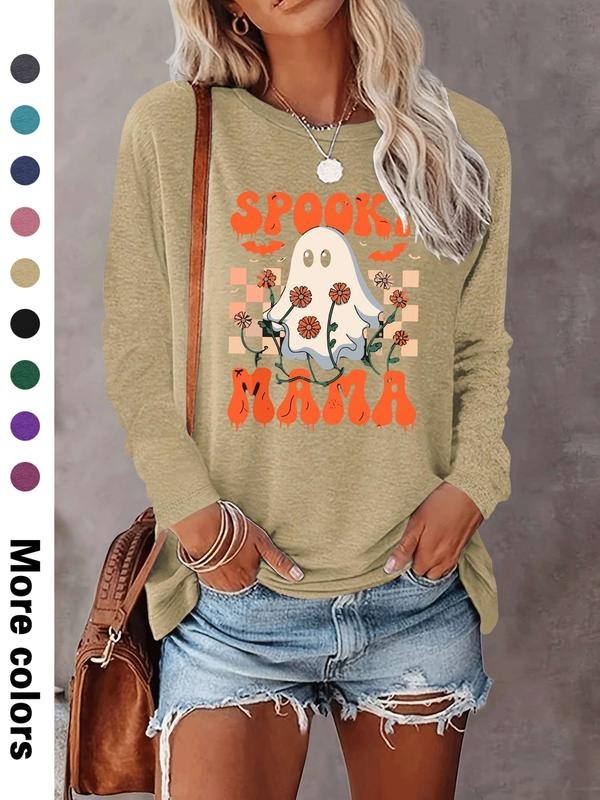 Halloween Fashion Casual Ghost Letter Print Long Sleeve T-Shirt, Comfortable Fabric, Available in 9 Colors, All Seasons...