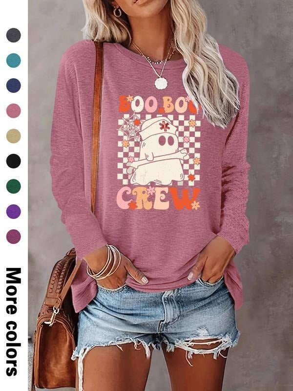 Halloween Fashion Casual Ghost Letter Print Long Sleeve T-Shirt, Comfortable Fabric, Available in 9 Colors, All Seasons...